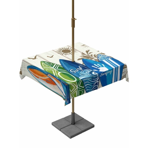 Outdoor Tablecloth with Umbrella Hole for Patio/Picnic/Party/Camping, Beach Surfboard Waterproof Table Cloth Square Cover Washable, Summer Sea Surfing Tropical Botanical Tree (60"x 60")