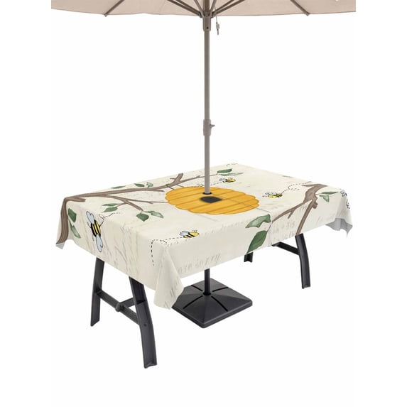 Outdoor Tablecloth with Umbrella Hole for Patio/Picnic/Party/Camping, Bees Branches Waterproof Table Cloth Rectangle Table Cover Washable, Farmhouse Spring Botanical Elegant (60"x 102")