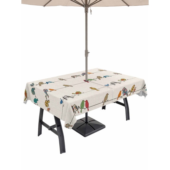 Outdoor Tablecloth with Umbrella Hole for Patio/Picnic/Party/Camping, Beige Birds Waterproof Table Cloth Rectangle Table Cover Washable, Funny Cute Snowflake Wire Sparrow Rustic (52"x 70")