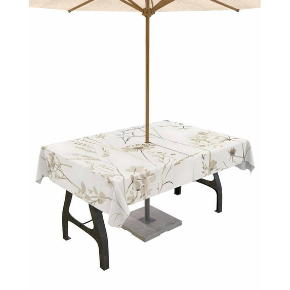 Outdoor Tablecloth with Umbrella Hole for Patio/Picnic/Party/Camping, Beige Black Botanical Waterproof Table Cloth Rectangle Table Cover Washable, Watercolor Floral Vintage 60"x 120"