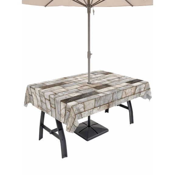 Outdoor Tablecloth with Umbrella Hole for Patio/Picnic/Party/Camping, Beige Brown Marble Waterproof Table Cloth Rectangle Table Cover Washable, Simple Vintage Brick Stone Wall (52"x 70")