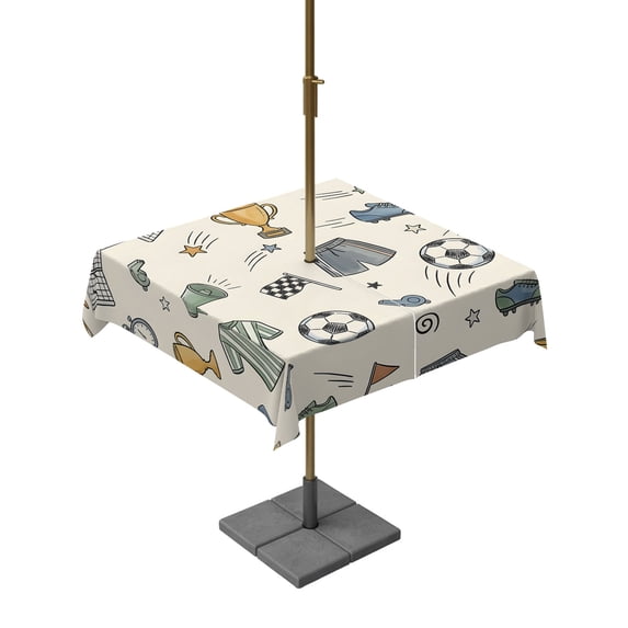 Outdoor Tablecloth with Umbrella Hole for Patio/Picnic/Party/Camping, Beige Cartoon Sports Waterproof Table Cloth Square Cover Washable, Funny Football Trophies Whistle (60"x 60")
