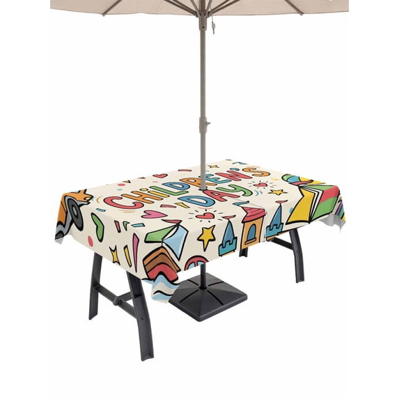 Outdoor Tablecloth with Umbrella Hole for Patio/Picnic/Party/Camping, Beige Children's Day Waterproof Table Cloth Rectangle Table Cover Washable, Car Tree Stars Modern Abstract Art Cartoon (52"x 70")