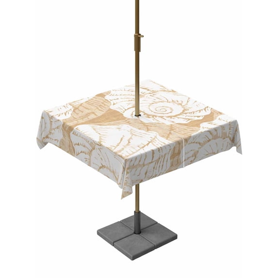 Outdoor Tablecloth with Umbrella Hole for Patio/Picnic/Party/Camping, Beige Conch Coastal Waterproof Table Cloth Square Cover Washable, Nautical Summer Ocean (54"x 54")