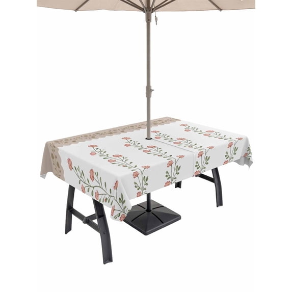 Outdoor Tablecloth with Umbrella Hole for Patio/Picnic/Party/Camping, Beige Floral Waterproof Table Cloth Rectangle Table Cover Washable, Spring Summer Botanical Flowers (60"x 84")