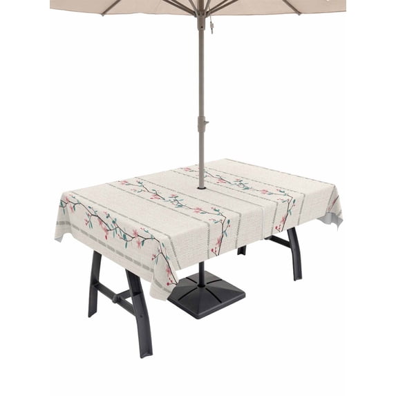 Outdoor Tablecloth with Umbrella Hole for Patio/Picnic/Party/Camping, Beige Flower Branch Waterproof Table Cloth Rectangle Table Cover Washable, Spring Summer Farmhouse Botanical (54"x 80")