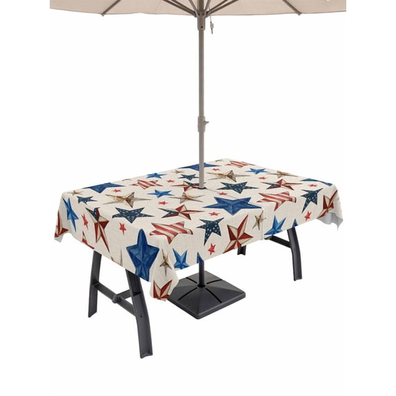 Outdoor Tablecloth with Umbrella Hole for Patio/Picnic/Party/Camping, Beige Independence Day Waterproof Table Cloth Rectangle Table Cover Washable, American Stars 250th Anniversary (54"x 80")