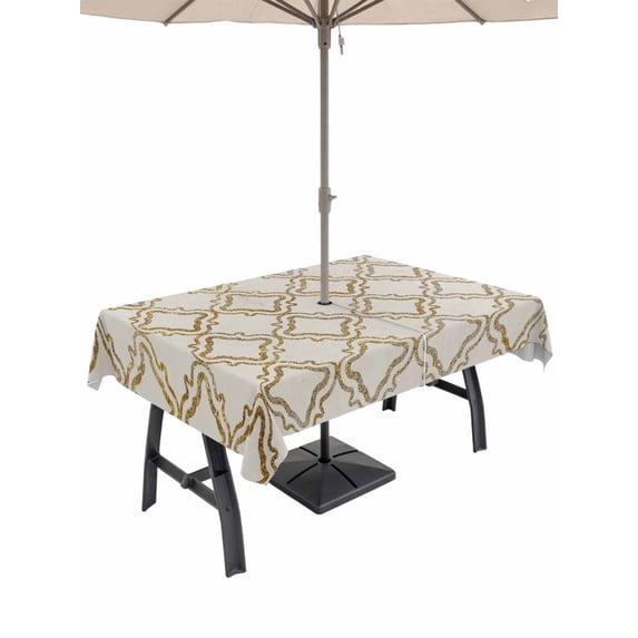 Outdoor Tablecloth with Umbrella Hole for Patio/Picnic/Party/Camping, Beige Moroccan Waterproof Table Cloth Rectangle Table Cover Washable, Geometric Abstract Art Modern (60"x 120")