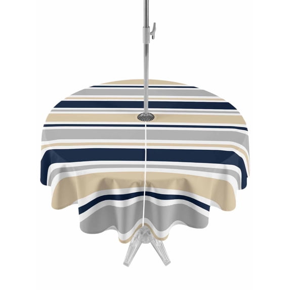 Outdoor Tablecloth with Umbrella Hole for Patio/Picnic/Party/Camping, Beige Navy Blue Striped Waterproof Table Cloth Round Cover Washable, Farmhouse Stripes Modern Abstract Art (Dia 54")