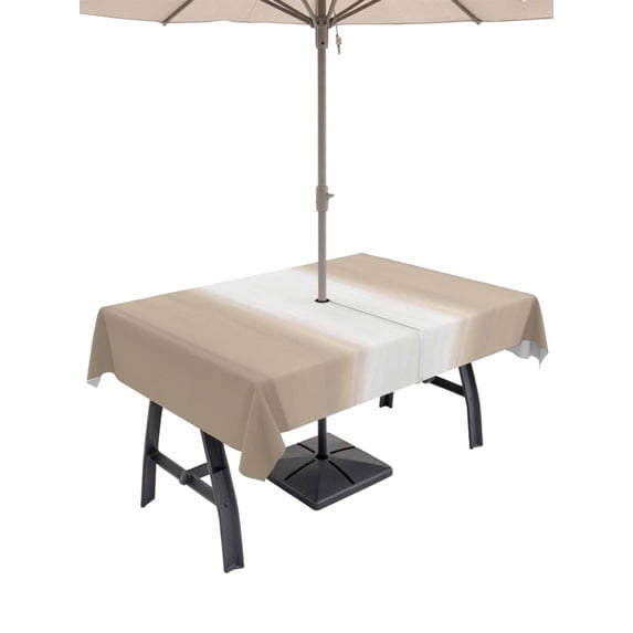 Outdoor Tablecloth with Umbrella Hole for Patio/Picnic/Party/Camping, Beige Ombre Striped Waterproof Table Cloth Rectangle Table Cover Washable, Beige Gradient Farmhouse Abstract Art (54"x 80")