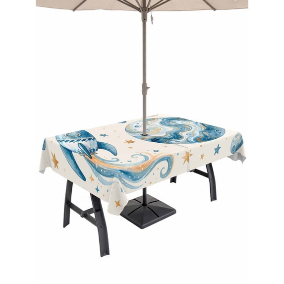Outdoor Tablecloth with Umbrella Hole for Patio/Picnic/Party/Camping, Beige Space Rocket Waterproof Table Cloth Rectangle Table Cover Washable, Modena Abstract Universe Planet (52"x 70")