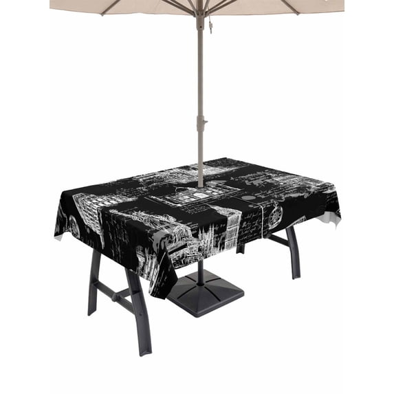Outdoor Tablecloth with Umbrella Hole for Patio/Picnic/Party/Camping, Black Architecture Waterproof Table Cloth Rectangle Table Cover Washable, Abstract City Vintage Modern Art (60"x 84")