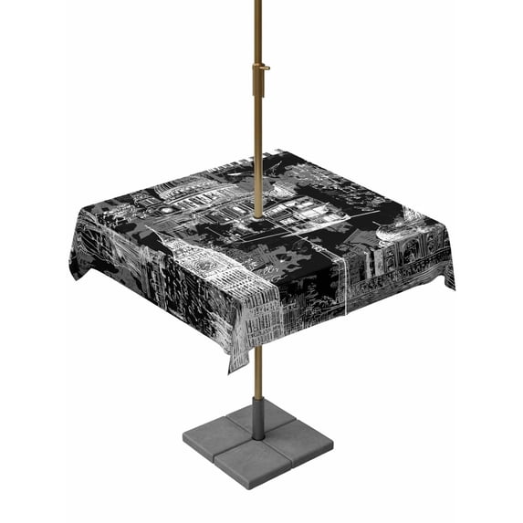 Outdoor Tablecloth with Umbrella Hole for Patio/Picnic/Party/Camping, Black Architecture Waterproof Table Cloth Square Cover Washable, Abstract City Eiffel Tower Modern (60"x 60")