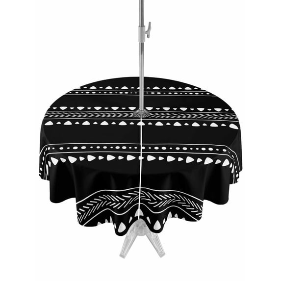 Outdoor Tablecloth with Umbrella Hole for Patio/Picnic/Party/Camping, Black Boho Geometric Waterproof Table Cloth Round Cover Washable, Abstract Art Dots Striped (Dia 60")