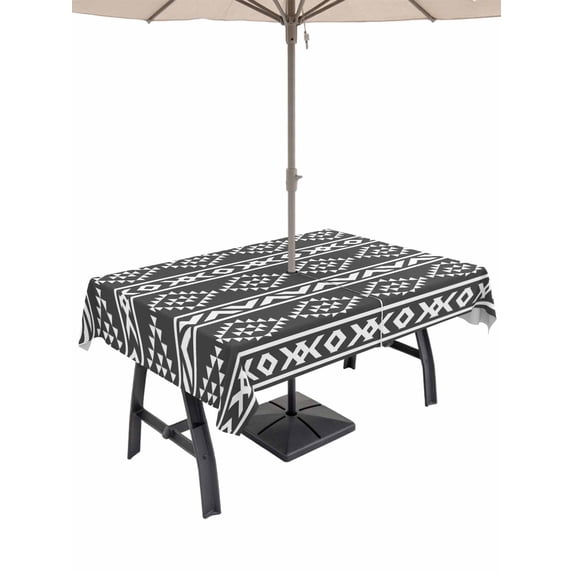 Outdoor Tablecloth with Umbrella Hole for Patio/Picnic/Party/Camping, Black Boho Waterproof Table Cloth Rectangle Table Cover Washable, Abstract Geometric Bohemia Ethnic Striped (60"x 84")