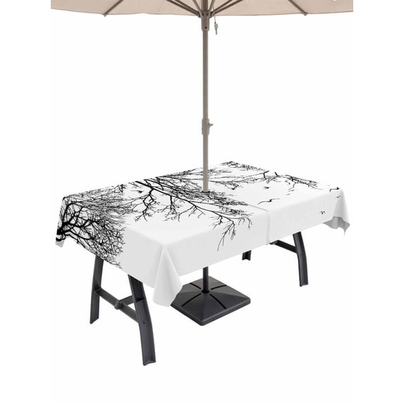 Outdoor Tablecloth with Umbrella Hole for Patio/Picnic/Party/Camping, Black Branches Waterproof Table Cloth Rectangle Table Cover Washable, Botanical Dead Tree Birds (52"x 70")