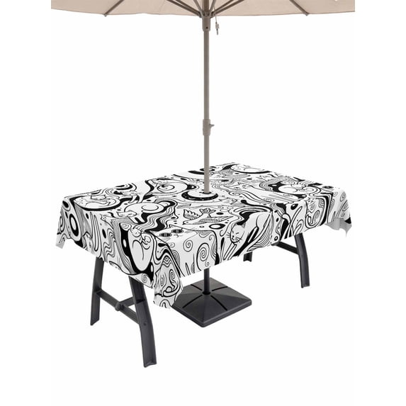 Outdoor Tablecloth with Umbrella Hole for Patio/Picnic/Party/Camping, Black Cartoon Cats Waterproof Table Cloth Rectangle Table Cover Washable, Modern Abstract Art Striped Cats (52"x 70")