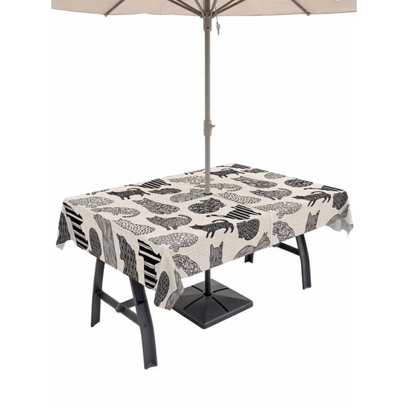Outdoor Tablecloth with Umbrella Hole for Patio/Picnic/Party/Camping, Black Cat Waterproof Table Cloth Rectangle Table Cover Washable, Rustic Striped Geometric Abstract (54"x 80")