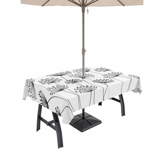 Outdoor Tablecloth with Umbrella Hole for Patio/Picnic/Party/Camping, Black Dandelion Waterproof Table Cloth Rectangle Table Cover Washable, Country Modern Minimalist Flower (52"x 70")