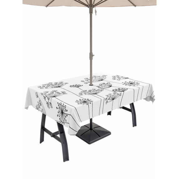 Outdoor Tablecloth with Umbrella Hole for Patio/Picnic/Party/Camping, Black Dandelion Waterproof Table Cloth Rectangle Table Cover Washable, Spring Country Modern Minimalist Flower (60"x 120")