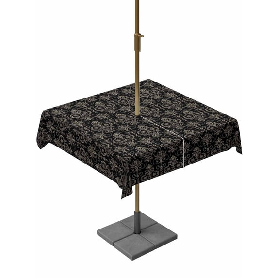 Outdoor Tablecloth with Umbrella Hole for Patio/Picnic/Party/Camping, Black Floral Abstract Waterproof Table Cloth Square Cover Washable, Vintage Ethnic Bohemian Flowers (60"x 60")
