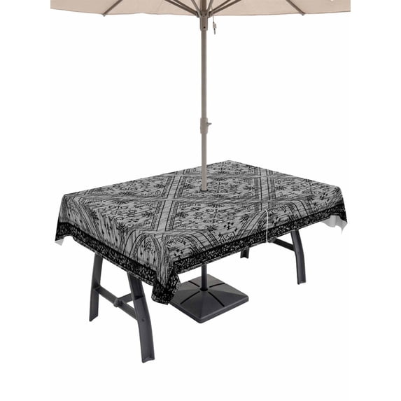 Outdoor Tablecloth with Umbrella Hole for Patio/Picnic/Party/Camping, Black Flowers Waterproof Table Cloth Rectangle Table Cover Washable, Spring Floral Farmhouse Retro Art (60"x 84")