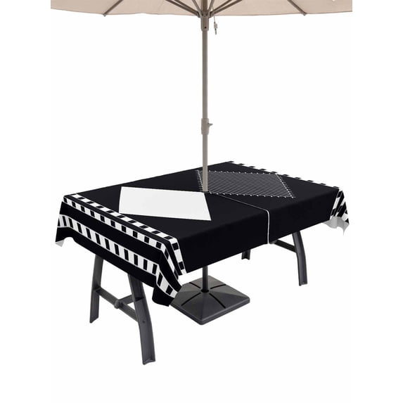 Outdoor Tablecloth with Umbrella Hole for Patio/Picnic/Party/Camping, Black Geometric Waterproof Table Cloth Rectangle Table Cover Washable, Bohemia Stripes Color Block Modern (60"x 120")