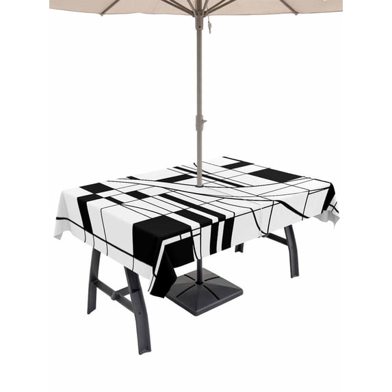 Outdoor Tablecloth with Umbrella Hole for Patio/Picnic/Party/Camping, Black Geometric Waterproof Table Cloth Rectangle Table Cover Washable, Modern Abstract Art Stripes (52"x 70")