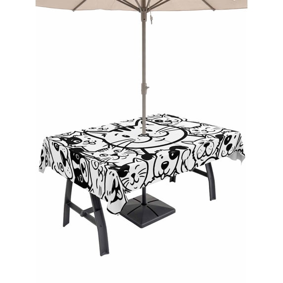 Outdoor Tablecloth with Umbrella Hole for Patio/Picnic/Party/Camping, Black Line Dog Cat Waterproof Table Cloth Rectangle Table Cover Washable, Cartoon Cute Animals (54"x 80")