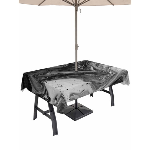 Outdoor Tablecloth with Umbrella Hole for Patio/Picnic/Party/Camping, Black Marble Waterproof Table Cloth Rectangle Table Cover Washable, Vintage Abstract Grey Fluid Aesthetic (60"x 84")
