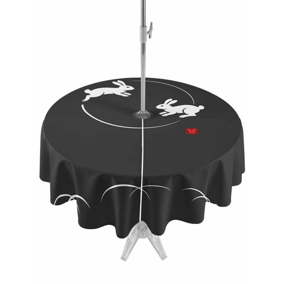 Outdoor Tablecloth with Umbrella Hole for Patio/Picnic/Party/Camping, Black Modern Waterproof Table Cloth Round Cover Washable, Farmhouse Rabbit Abstract Art (Dia 54")