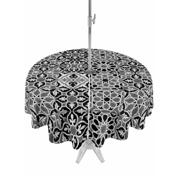 Outdoor Tablecloth with Umbrella Hole for Patio/Picnic/Party/Camping, Black Morocco Waterproof Table Cloth Round Cover Washable, Traditional Tribal Abstract Geometric Art (Dia 54")