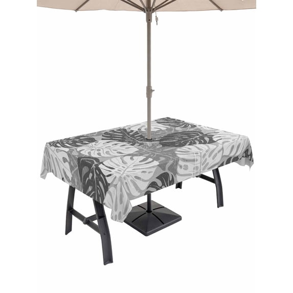 Outdoor Tablecloth with Umbrella Hole for Patio/Picnic/Party/Camping, Black Palm Leaves Waterproof Table Cloth Rectangle Table Cover Washable, Tropical Coastal Botanical Summer (52"x 70")
