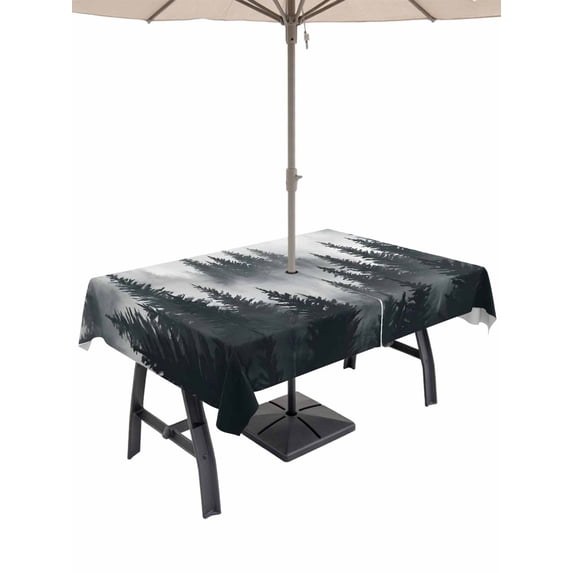 Outdoor Tablecloth with Umbrella Hole for Patio/Picnic/Party/Camping, Black Pine Forest Waterproof Table Cloth Rectangle Table Cover Washable, Misty Tree Clouds Nature (60"x 84")