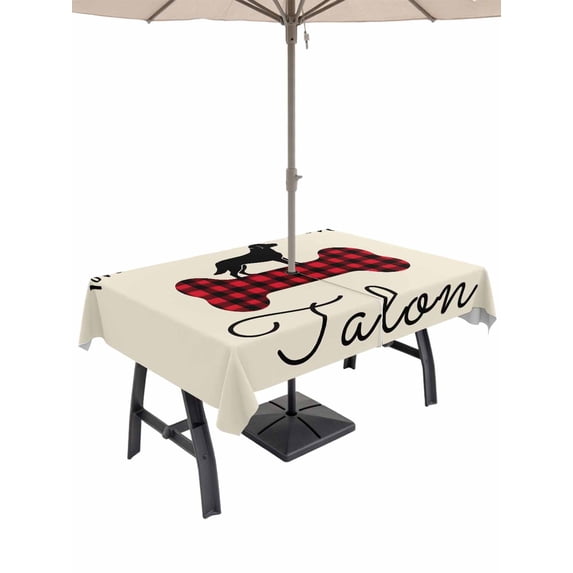 Outdoor Tablecloth with Umbrella Hole for Patio/Picnic/Party/Camping, Black Red Buffalo Plaid Waterproof Table Cloth Rectangle Table Cover Washable, Bones Cute Dogs Pets (60"x 102")