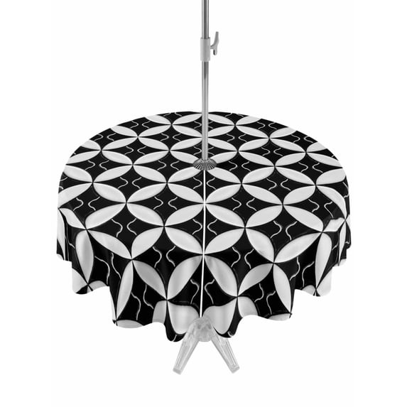 Outdoor Tablecloth with Umbrella Hole for Patio/Picnic/Party/Camping, Black Rhombus Waterproof Table Cloth Round Cover Washable, Retro Abstract Geometric Pattern (Dia 54")