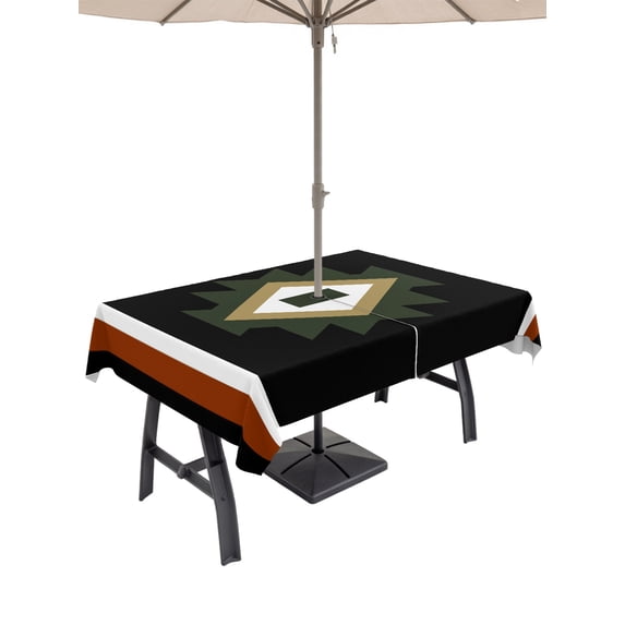 Outdoor Tablecloth with Umbrella Hole for Patio/Picnic/Party/Camping, Black Sage Boho Waterproof Table Cloth Rectangle Table Cover Washable, Farmhouse Ethnic Tribe Geometric (54"x 80")