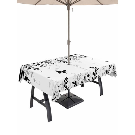 Outdoor Tablecloth with Umbrella Hole for Patio/Picnic/Party/Camping, Black Spring Botanical Waterproof Table Cloth Rectangle Table Cover Washable, Weeping Eucalyptus Butterfly (60"x 102")