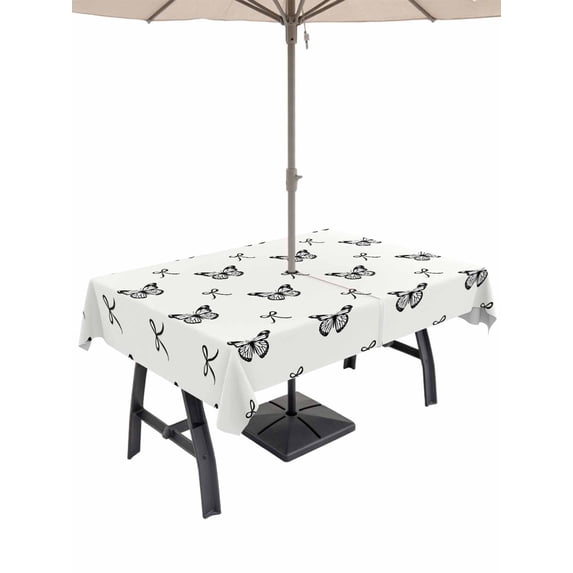 Outdoor Tablecloth with Umbrella Hole for Patio/Picnic/Party/Camping, Black Spring Butterfly Waterproof Table Cloth Rectangle Table Cover Washable, Bow Knot (60"x 120")