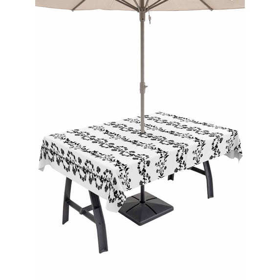 Outdoor Tablecloth with Umbrella Hole for Patio/Picnic/Party/Camping, Black Spring Leaves Waterproof Table Cloth Rectangle Table Cover Washable, Pastoral Botanical Striped Flowers (60"x 102")