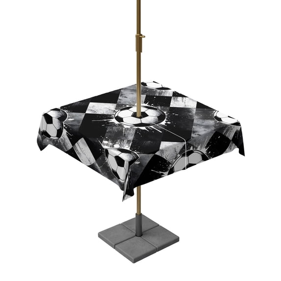 Outdoor Tablecloth with Umbrella Hole for Patio/Picnic/Party/Camping, Black White Football Waterproof Table Cloth Square Cover Washable, Modern Abstract Art Balls Sport Game (60"x 60")