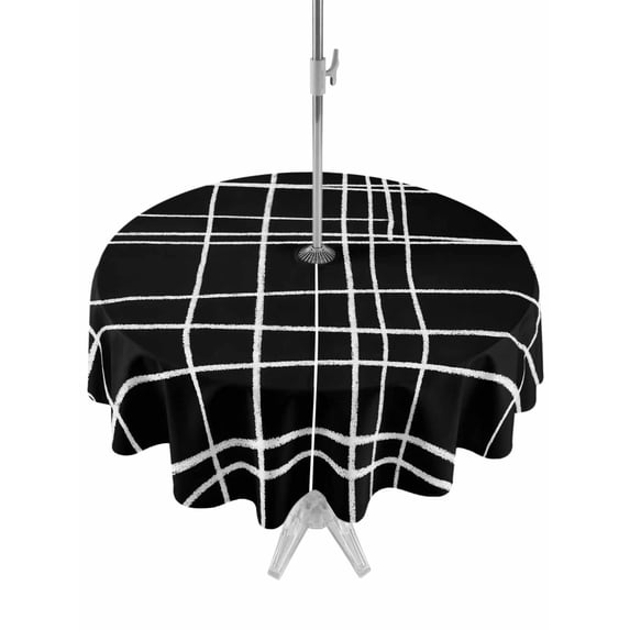 Outdoor Tablecloth with Umbrella Hole for Patio/Picnic/Party/Camping, Black White Striped Waterproof Table Cloth Round Cover Washable, Navy Indigo Contemporary Minimalist Art (Dia 54")