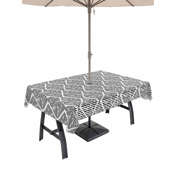 Outdoor Tablecloth with Umbrella Hole for Patio/Picnic/Party/Camping, Black White Waterproof Table Cloth Rectangle Table Cover Washable, Modern Abstract Art Farmhouse (60"x 120")