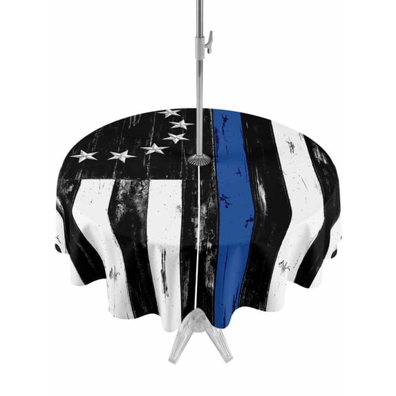 Outdoor Tablecloth with Umbrella Hole for Patio/Picnic/Party/Camping, Blue American Flag Waterproof Table Cloth Round Cover Washable, Vintage USA Flag Stars (Dia 54")