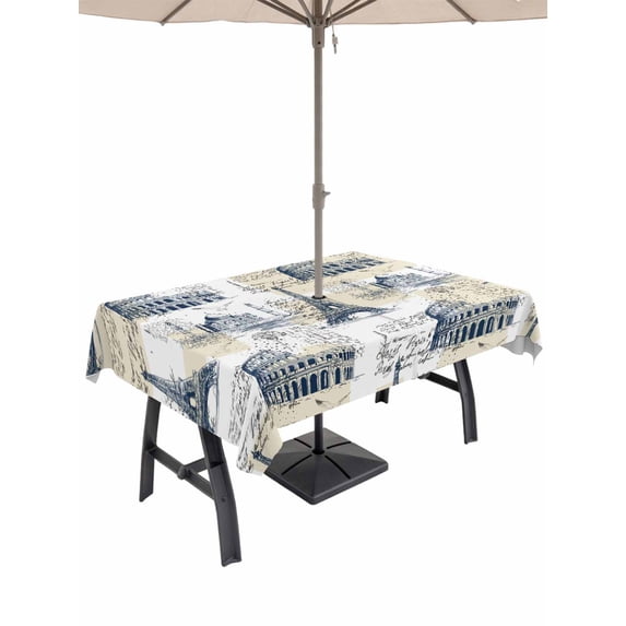 Outdoor Tablecloth with Umbrella Hole for Patio/Picnic/Party/Camping, Blue Architecture Waterproof Table Cloth Rectangle Table Cover Washable, Eiffel Tower Retro City Classical Beige (52"x 70")