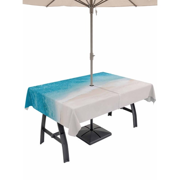 Outdoor Tablecloth with Umbrella Hole for Patio/Picnic/Party/Camping, Blue Beach Coastal Waterproof Table Cloth Rectangle Table Cover Washable, Summer Nautical Ocean Seaside (60"x 120")