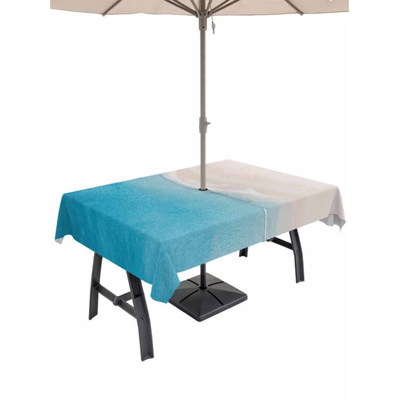 Outdoor Tablecloth with Umbrella Hole for Patio/Picnic/Party/Camping, Blue Beige Ombre Coastal Waterproof Table Cloth Rectangle Table Cover Washable, Summer Beach Seaside Vacation (60"x 120")