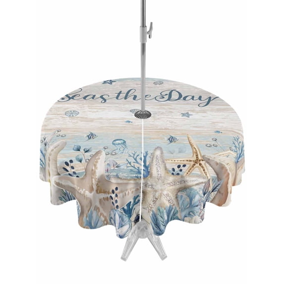 Outdoor Tablecloth with Umbrella Hole for Patio/Picnic/Party/Camping, Blue Beige Starfish Coastal Waterproof Table Cloth Round Cover Washable, Nautical Summer Beach Ocean (Dia 54")