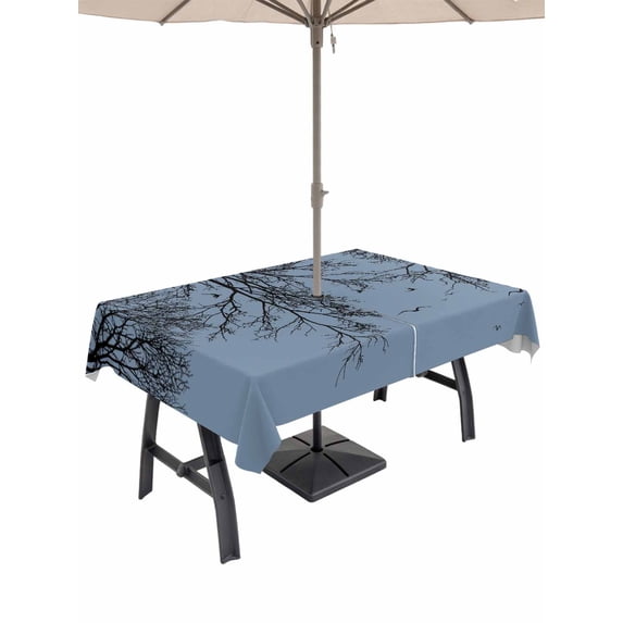 Outdoor Tablecloth with Umbrella Hole for Patio/Picnic/Party/Camping, Blue Black Branches Waterproof Table Cloth Rectangle Table Cover Washable, Botanical Dead Tree Birds (60"x 102")