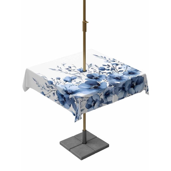 Outdoor Tablecloth with Umbrella Hole for Patio/Picnic/Party/Camping, Blue Blooms Floral Waterproof Table Cloth Square Cover Washable, Farmhouse Spring Flowers Botanical (54"x 54")